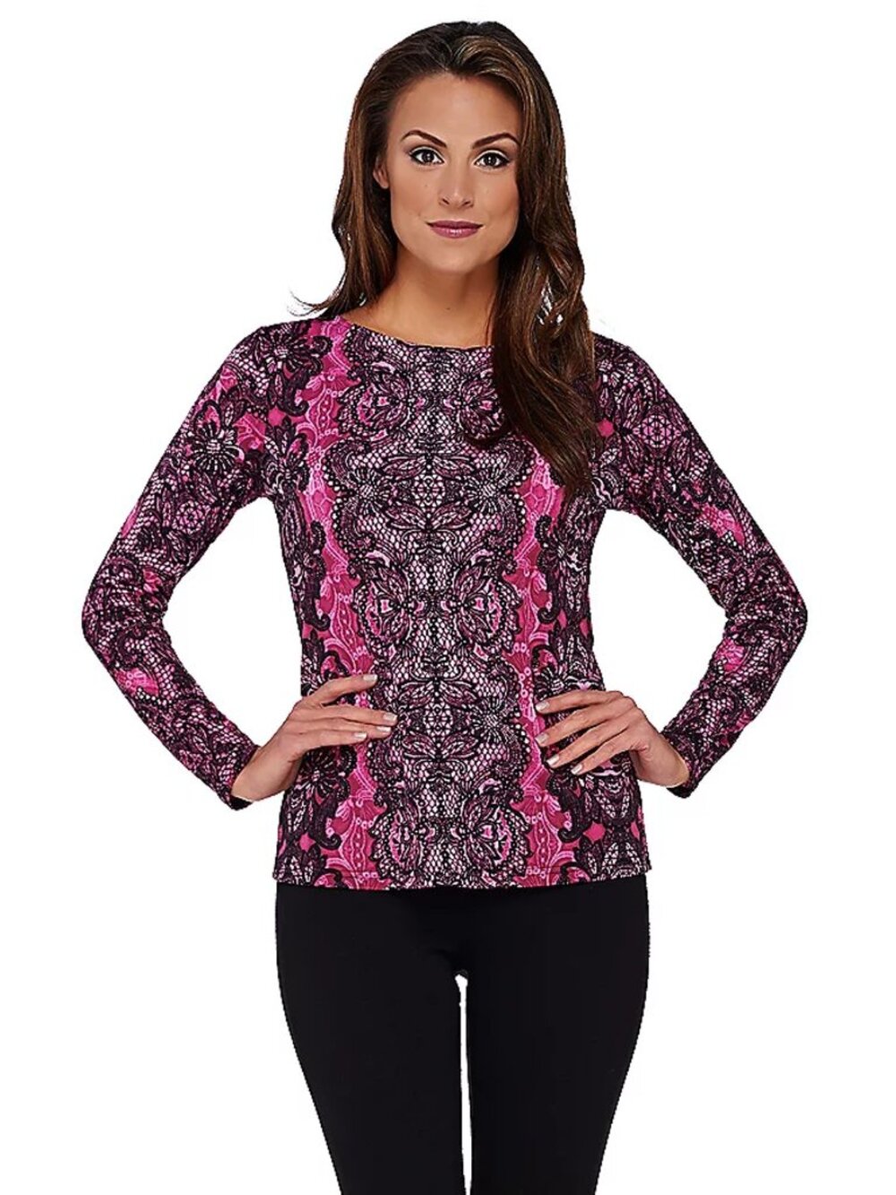 NWT New Bob Mackie Placement Print Lace Pullover Top Blouse Size XL